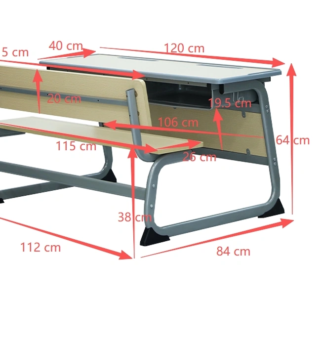 Double Student Desk and Chair Set Wood Metal Bench Table for Classroom